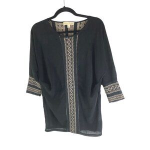 Staring At Stars Black Boho Tunic Top Sheer With Beige Embroidered Details S